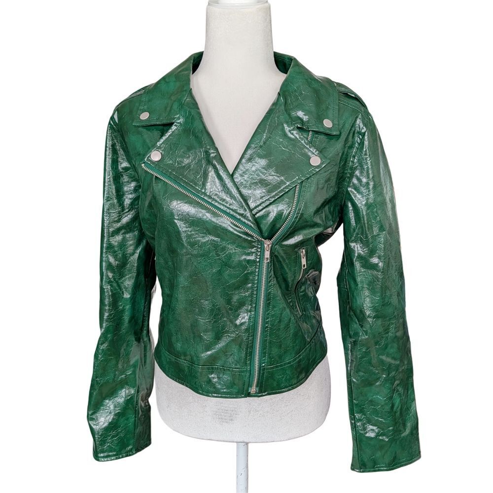 Modcloth Womens Green Moto Faux Leather Asymmetrical Biker Jacket Size Large